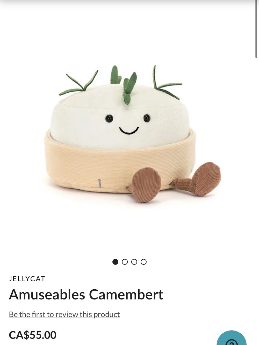Jellycat Camembert Plush Cheese Toy - Cream, Tan & Brown with Green Leaf